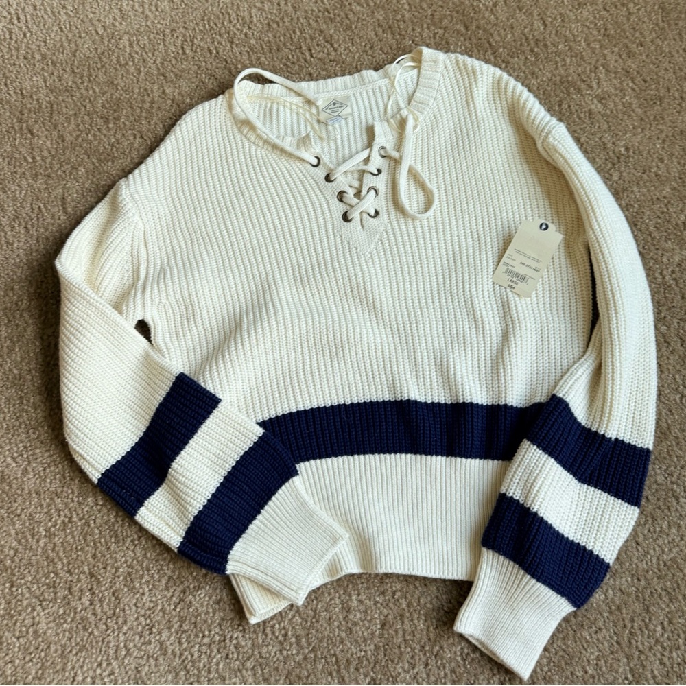 NWT St. John’s Bay Women’s Large Nautical Stripe Lace-Up Sweater Ivory Navy New